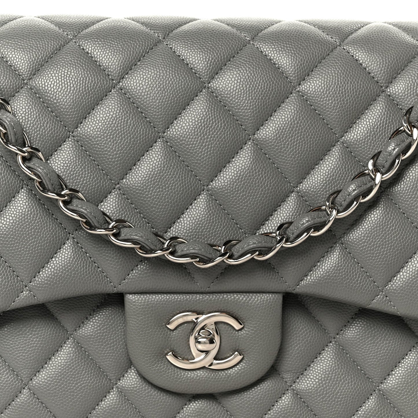 Caviar Quilted Jumbo Double Flap Grey