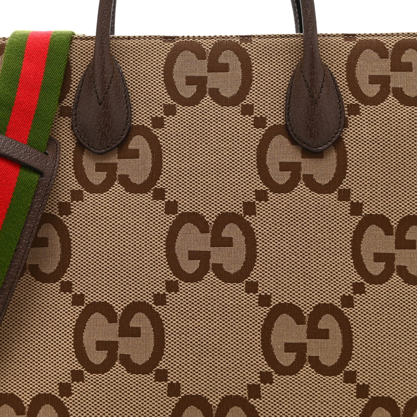 Monogram Jumbo GG Textured Dollar Calfskin Web Tote Bag Camel Ebony New Acero