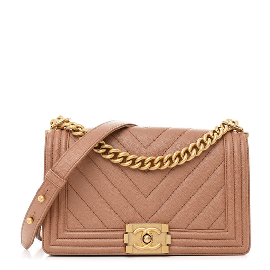 Caviar Chevron Quilted Medium Boy Flap Brown