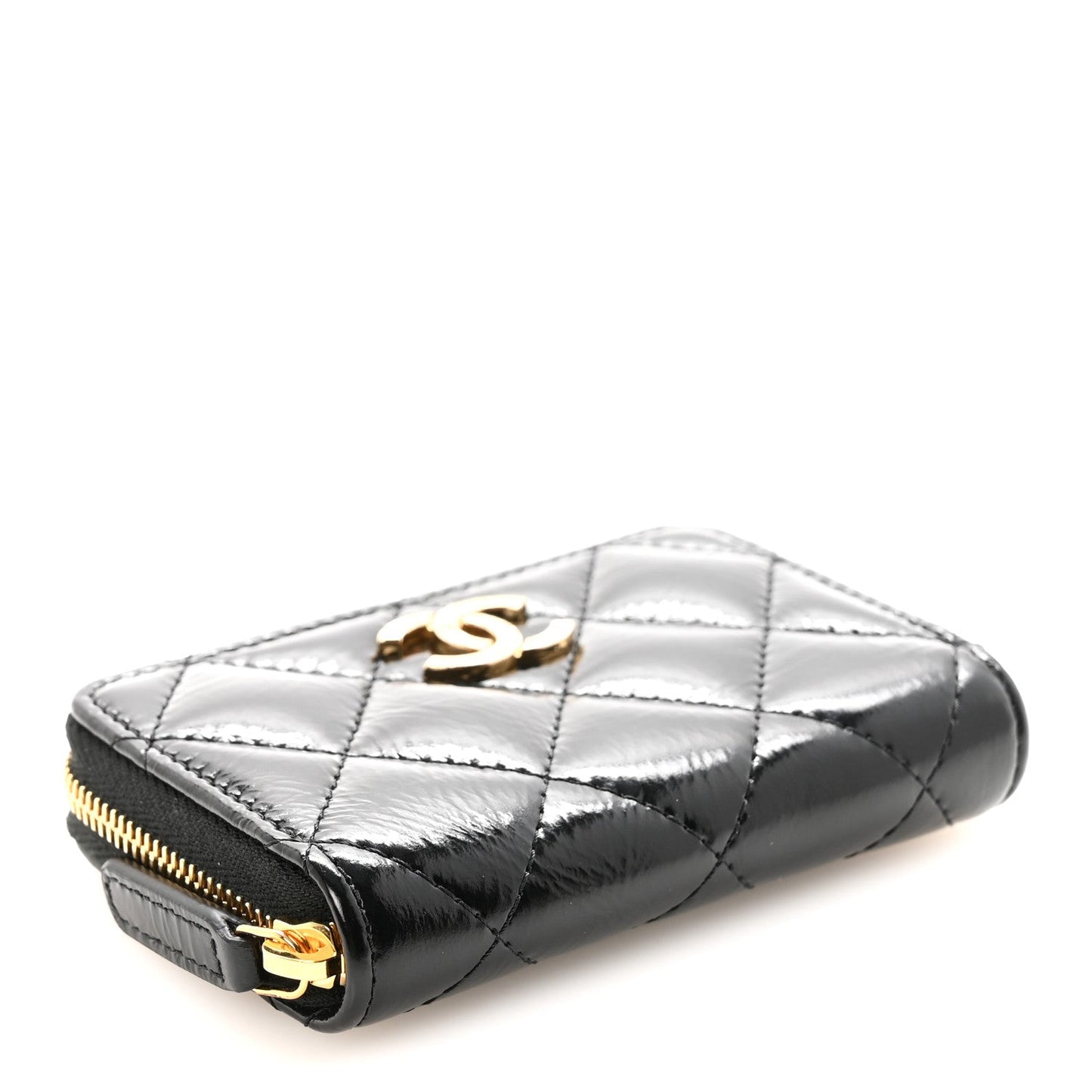 Shiny Lambskin Quilted Textured CC Zip Coin Purse Black