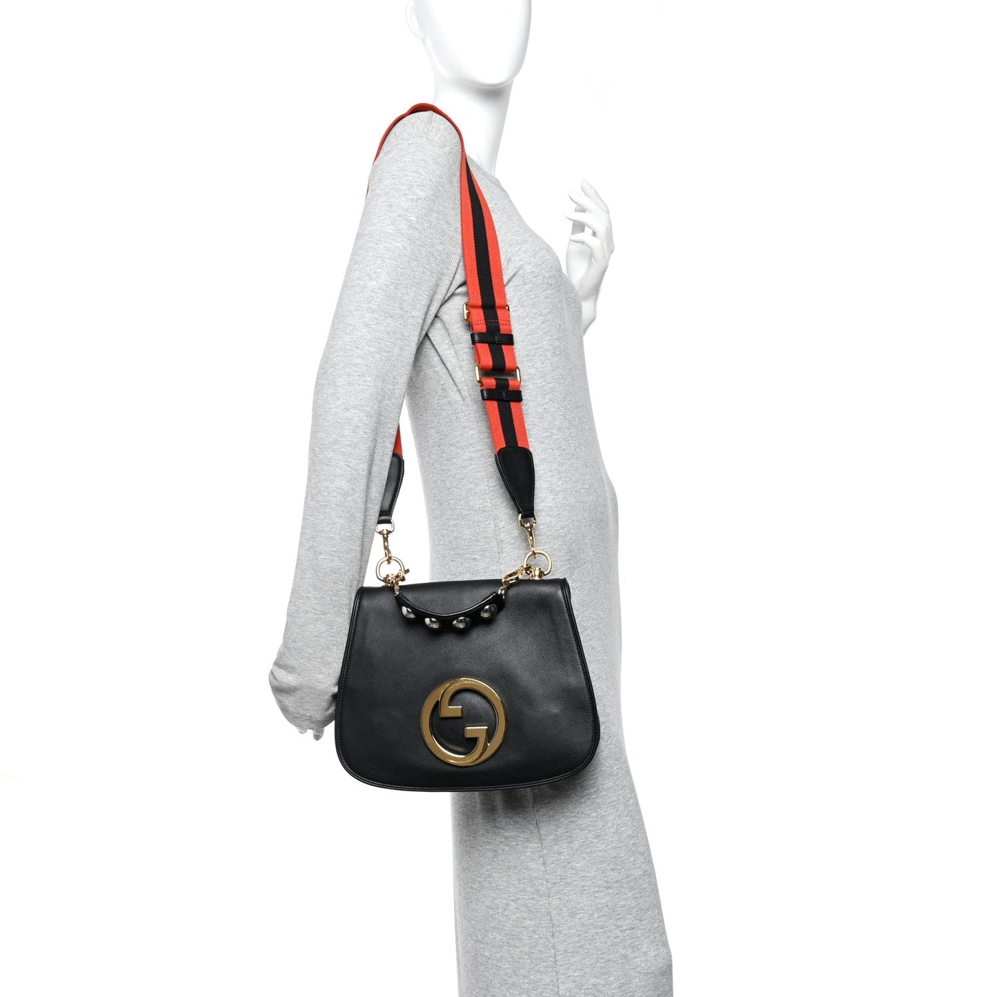 Roxy Calfskin Web Medium Studded Blondie Shoulder Flap Bag Black