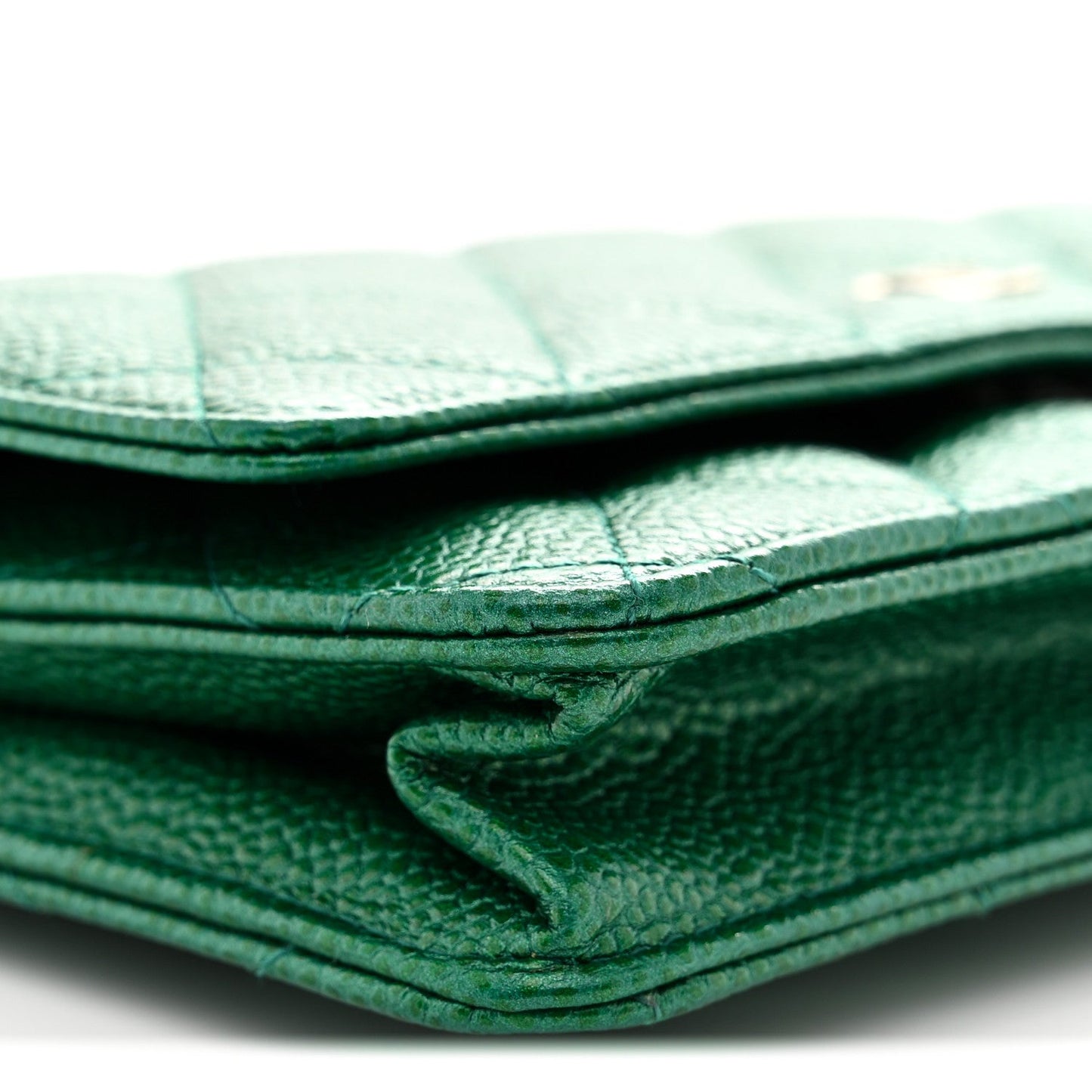 Metallic Caviar Quilted Wallet On Chain WOC Green