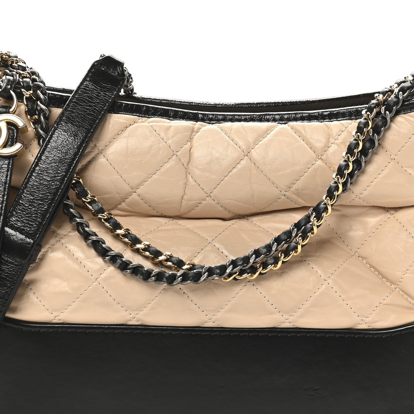 Aged Calfskin Quilted Medium Gabrielle Hobo Beige Black