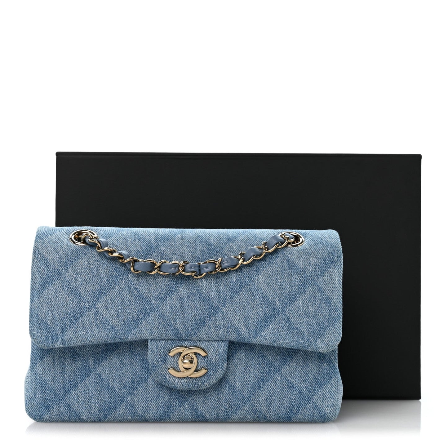 Printed Denim Quilted Small Double Flap Light Blue