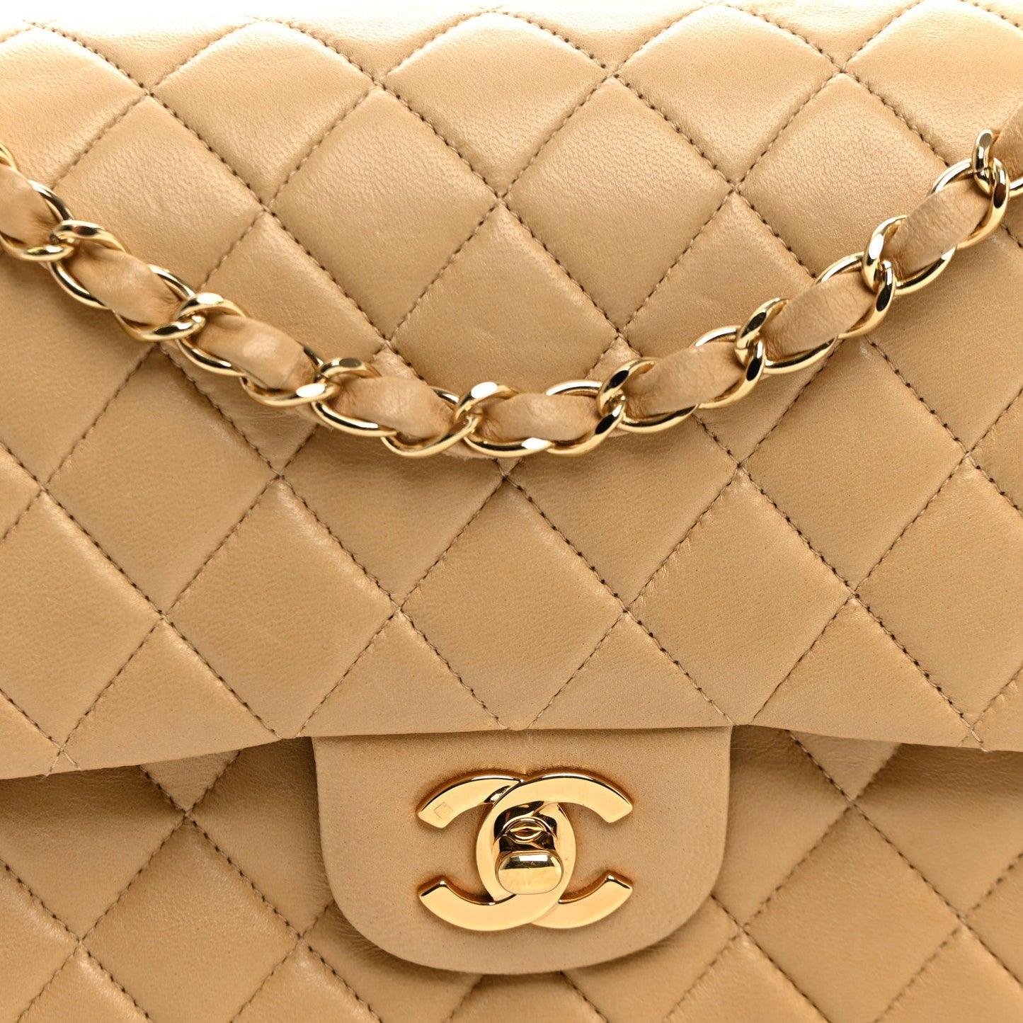 Lambskin Quilted Medium Double Flap Beige