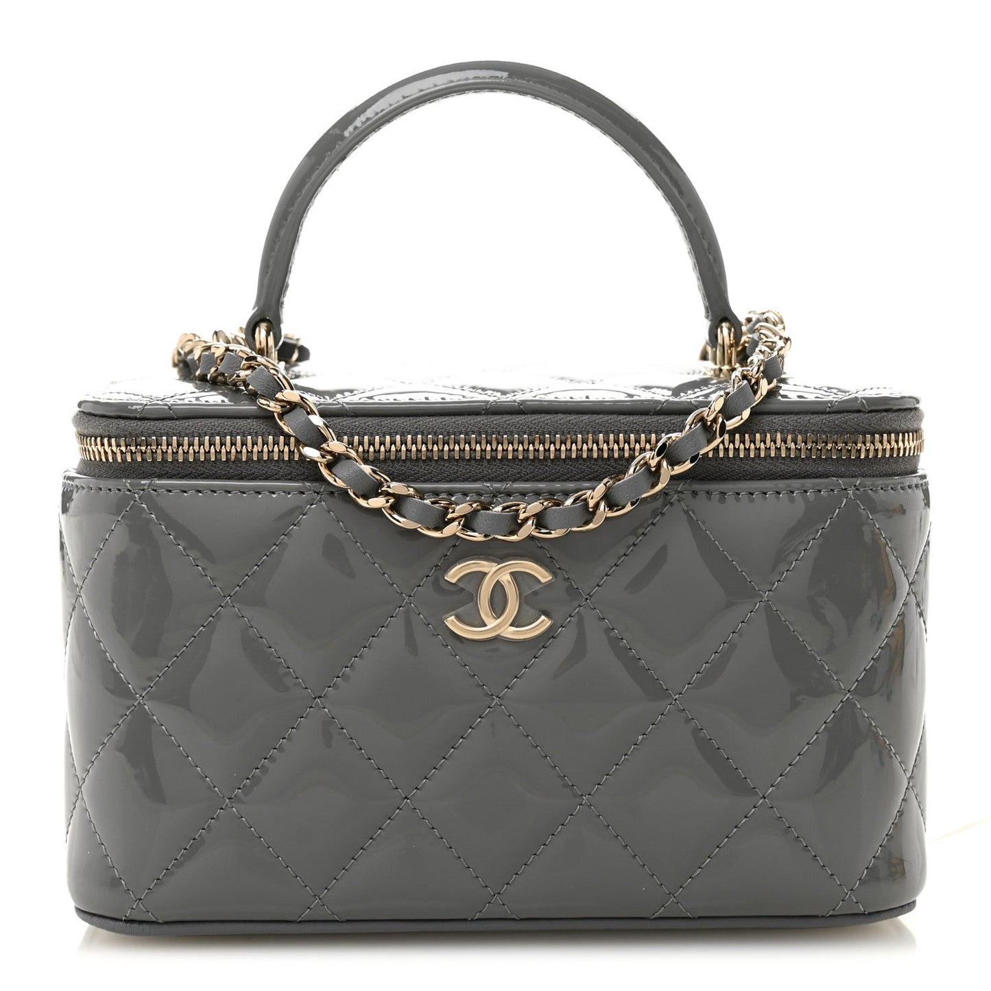 Patent Quilted Quilted Small Top Handle Vanity Case With Chain Grey