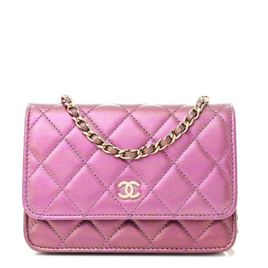 Iridescent Lambskin Quilted Mini Wallet On Chain WOC Purple