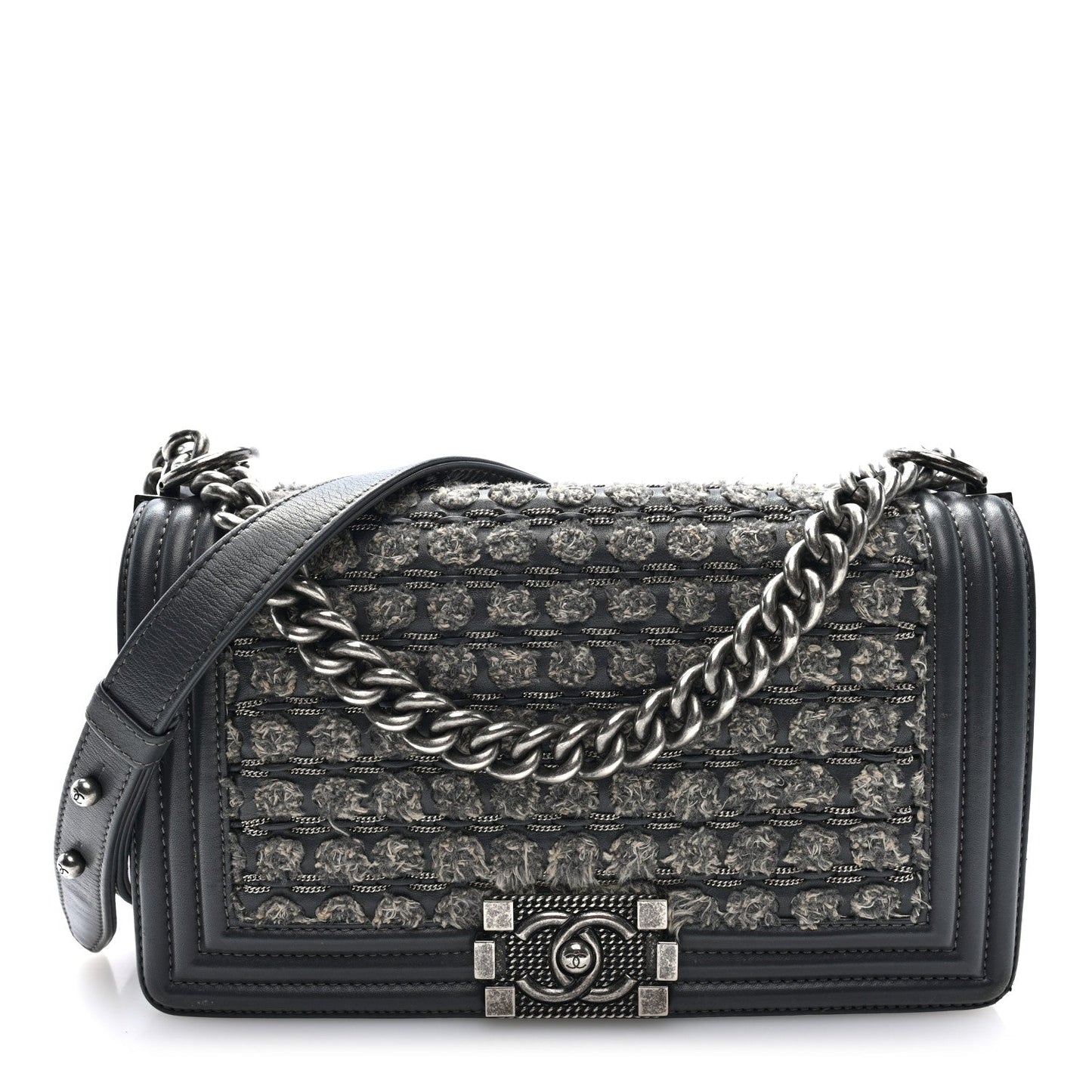 Tweed Calfskin Medium Boy Flap Grey