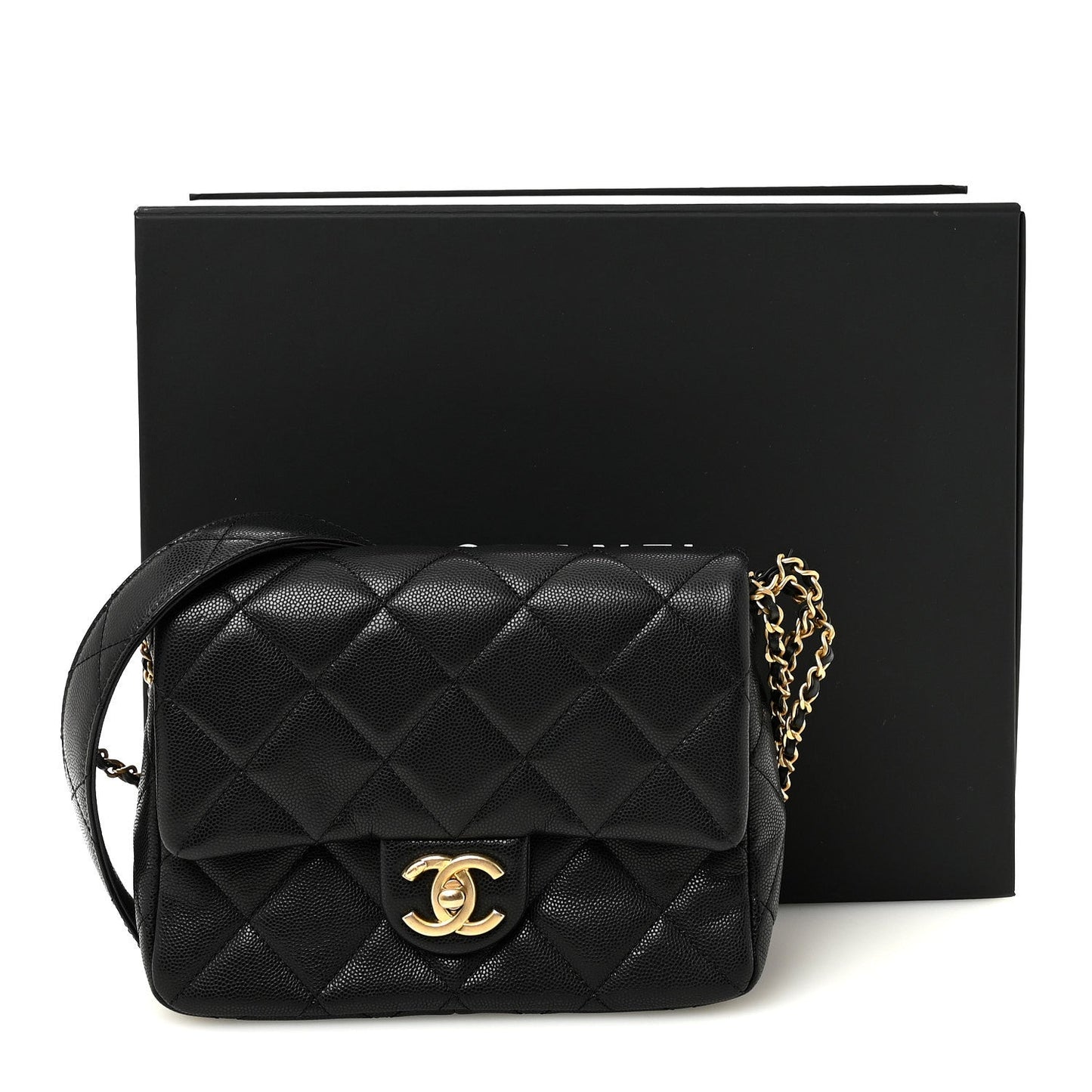 Shiny Caviar Quilted Mini Chain Messenger Flap Bag Black