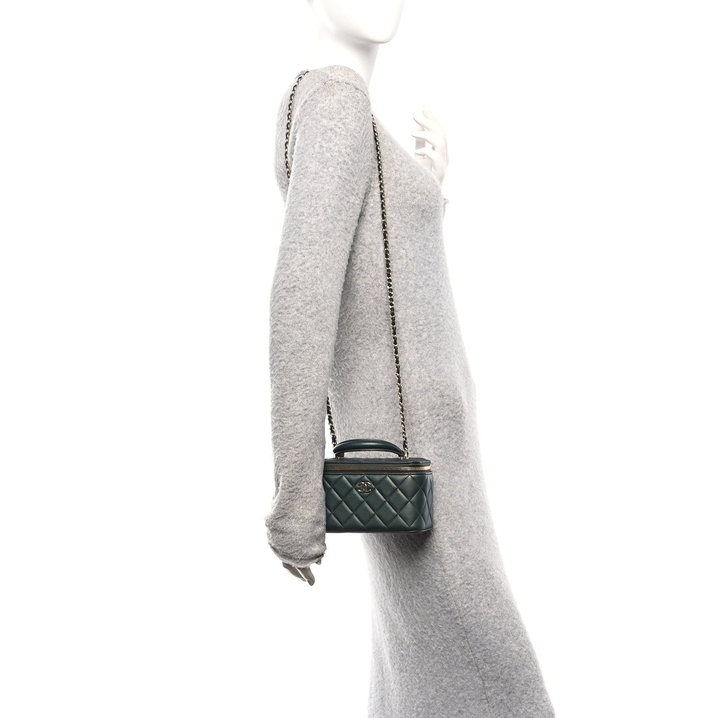 Iridescent Lambskin Quilted Small Top Handle Vanity Case With Chain Green