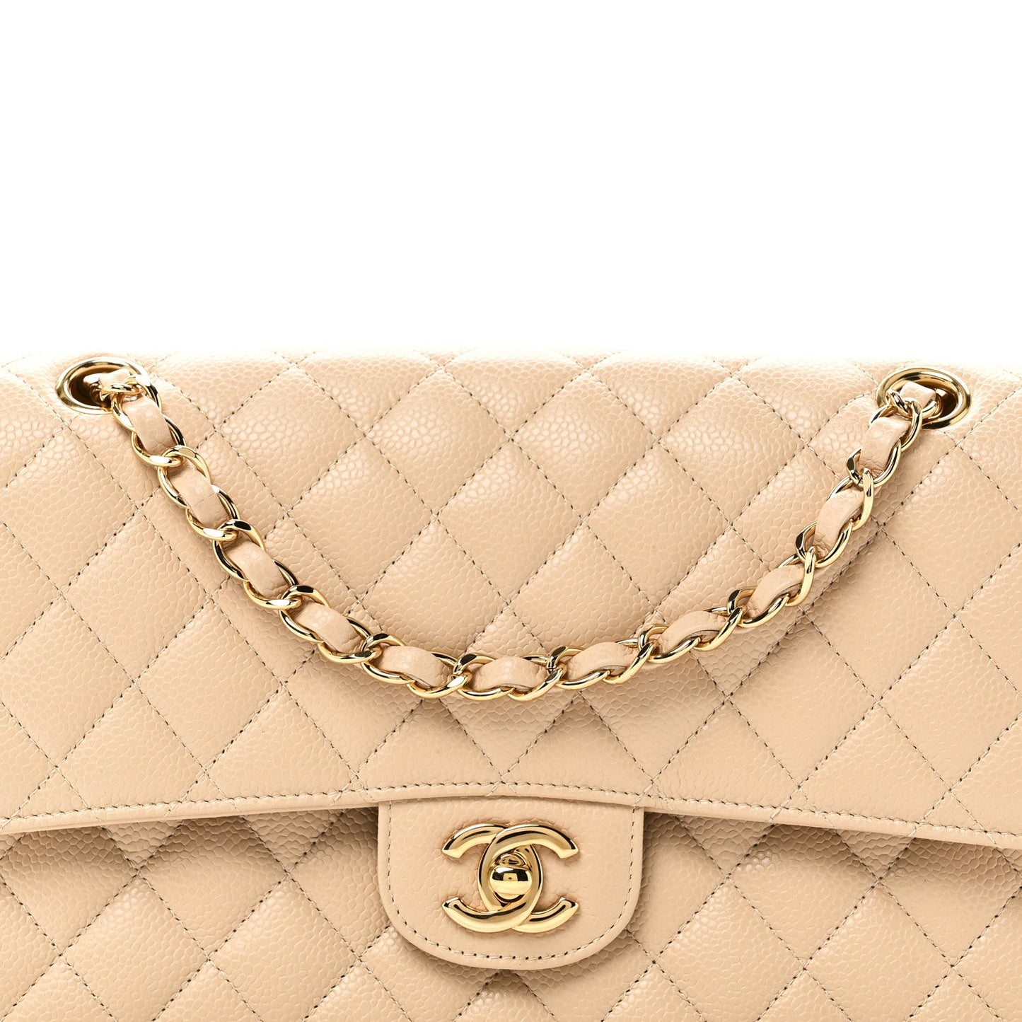 Caviar Quilted Medium Double Flap Beige
