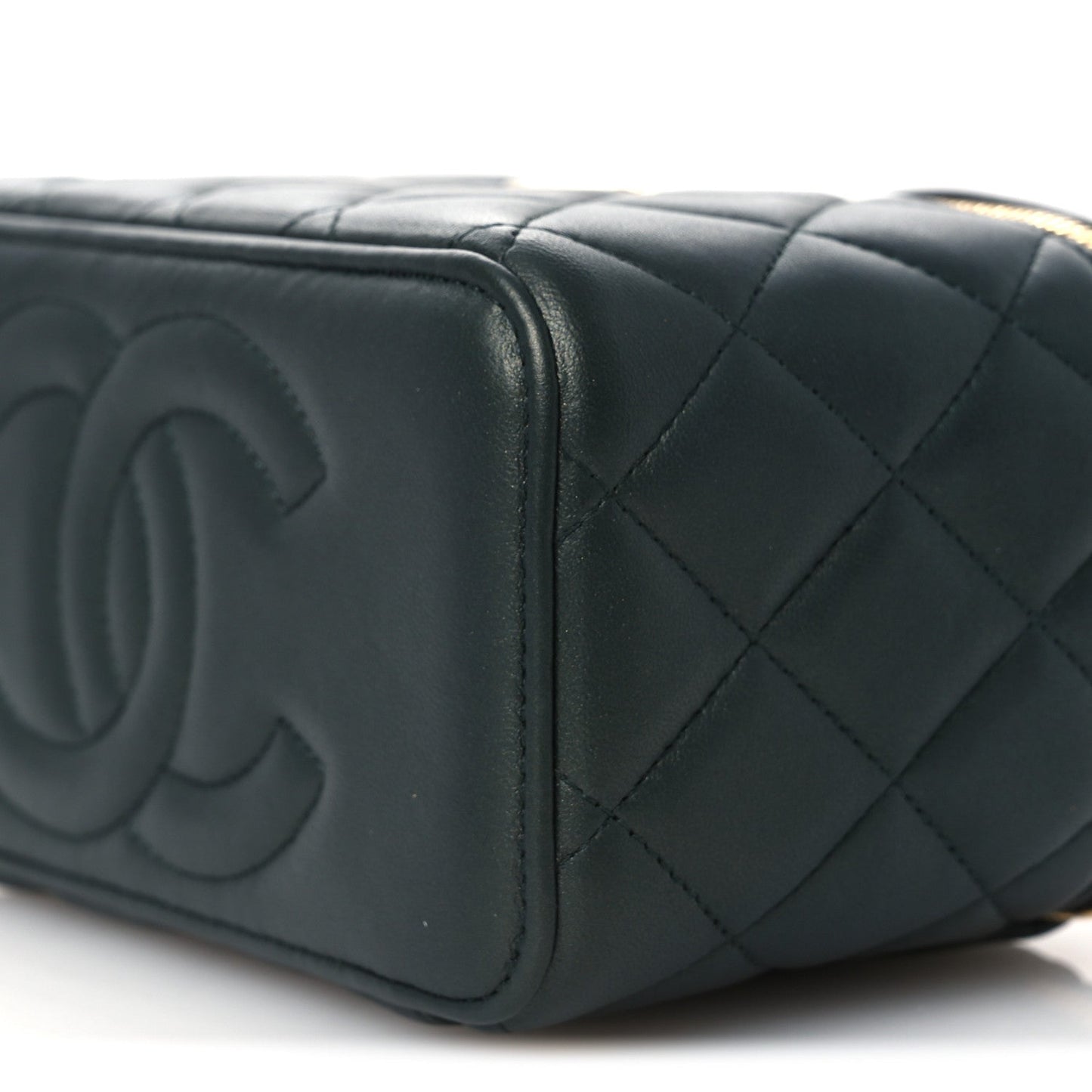 Iridescent Lambskin Quilted Small Top Handle Vanity Case With Chain Green