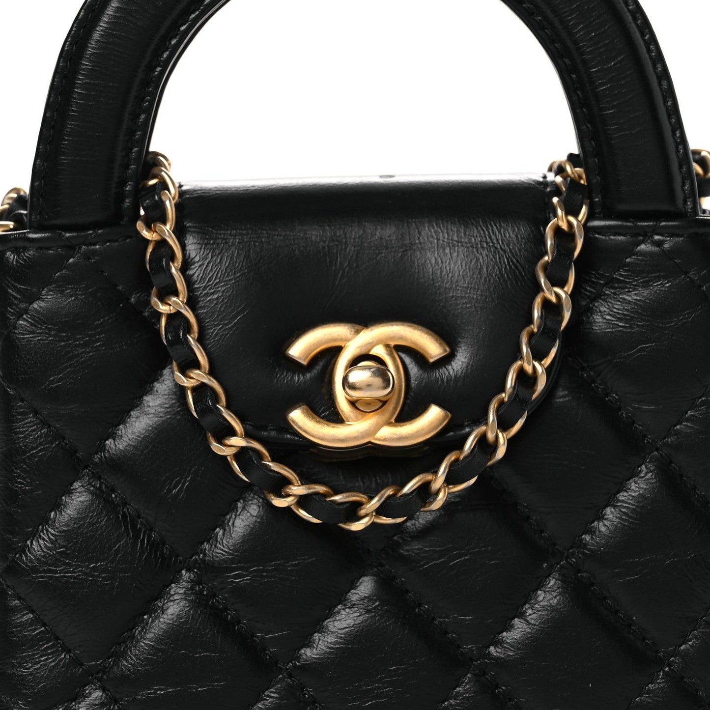 Shiny Aged Calfskin Quilted Mini Nano Kelly Shopper Black