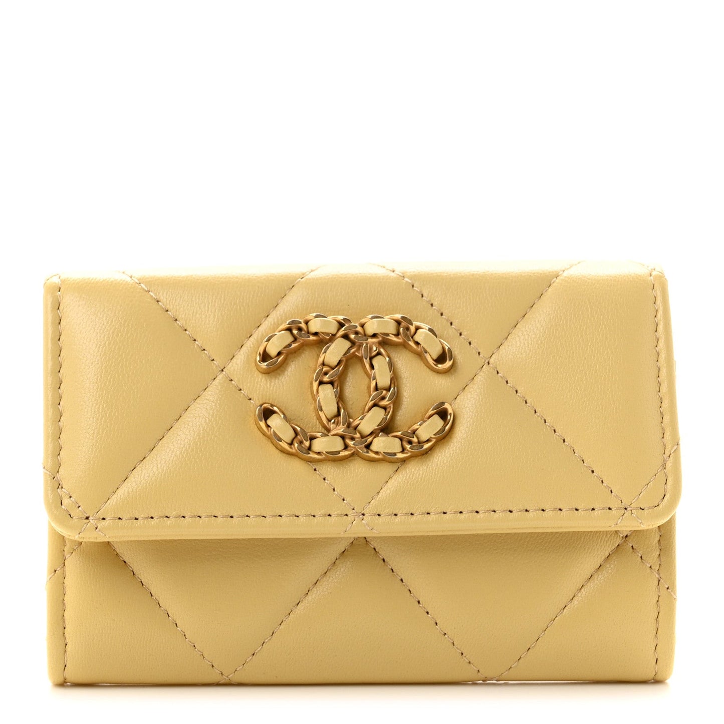 Lambskin Quilted Chanel 19 Flap Card Holder Yellow
