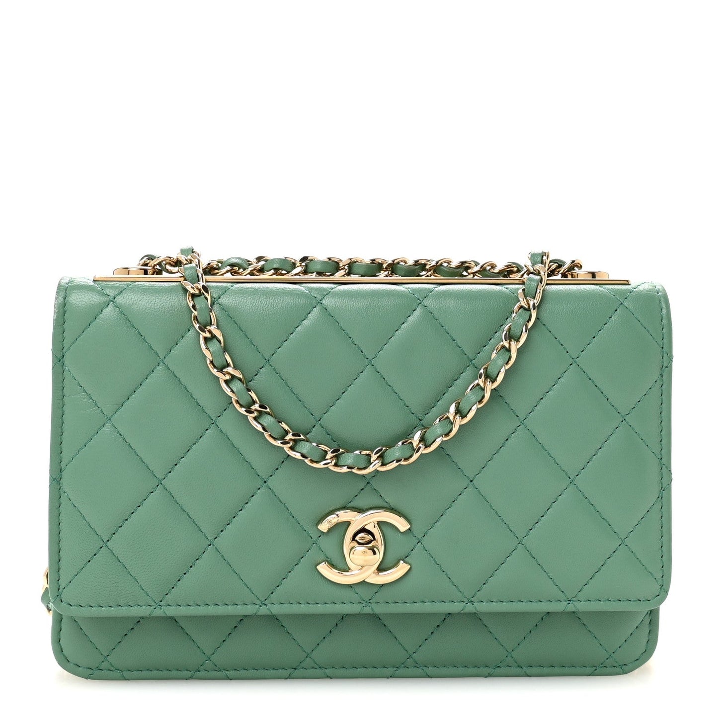 Lambskin Quilted Trendy CC Wallet On Chain WOC Green