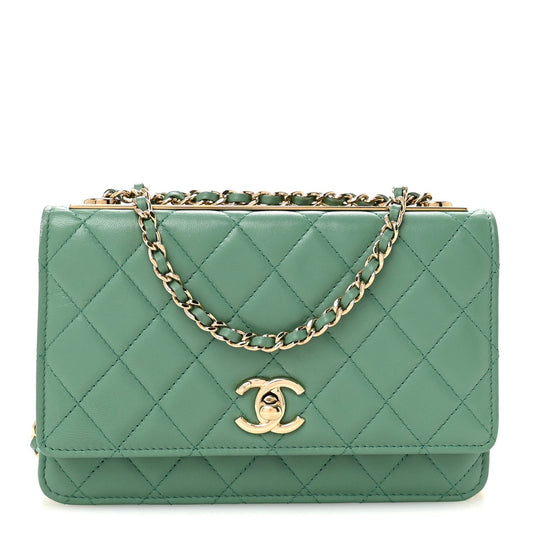 Lambskin Quilted Trendy CC Wallet On Chain WOC Green