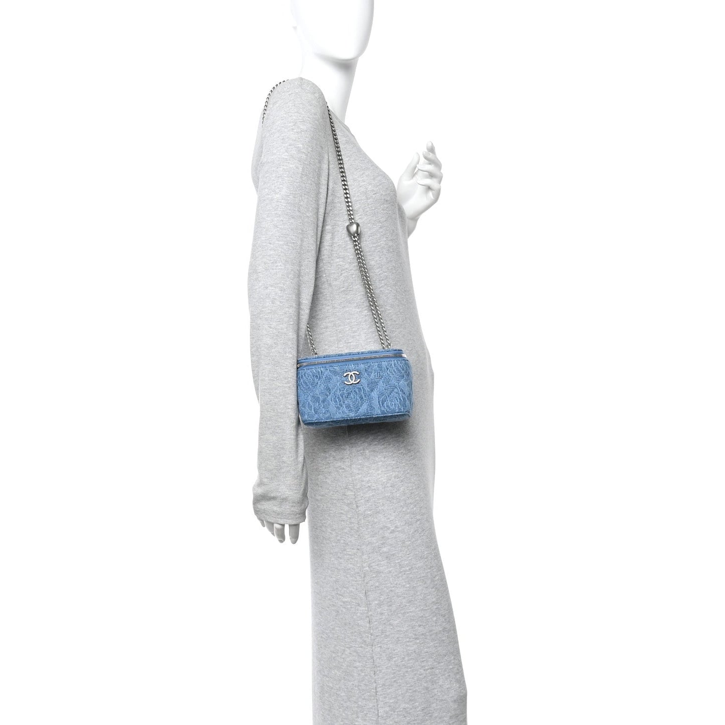 Denim Quilted Sweetheart Small Vanity Case With Chain Blue
