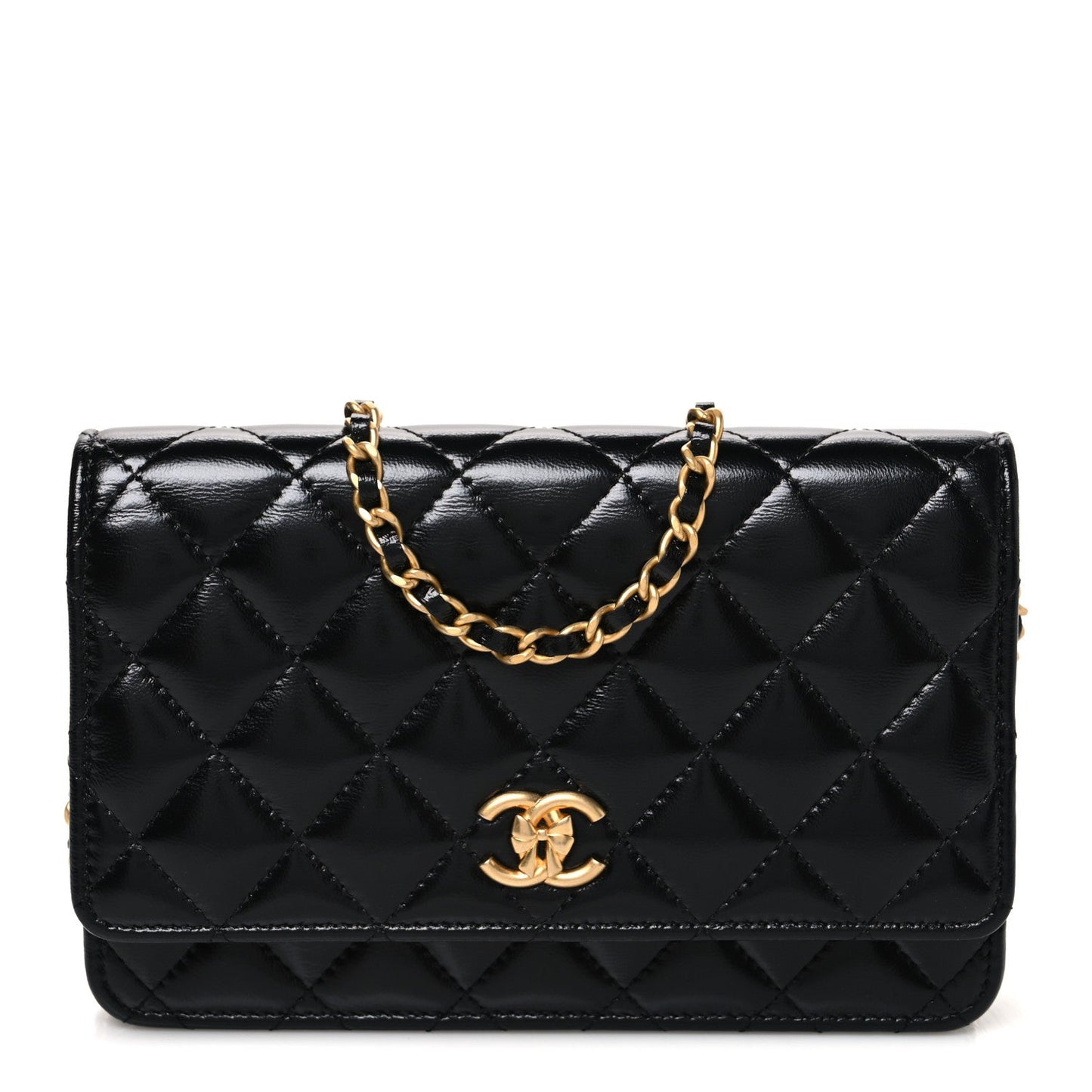 Shiny Lambskin Quilted CC Bow Wallet on Chain WOC Black