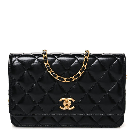 Shiny Lambskin Quilted CC Bow Wallet on Chain WOC Black