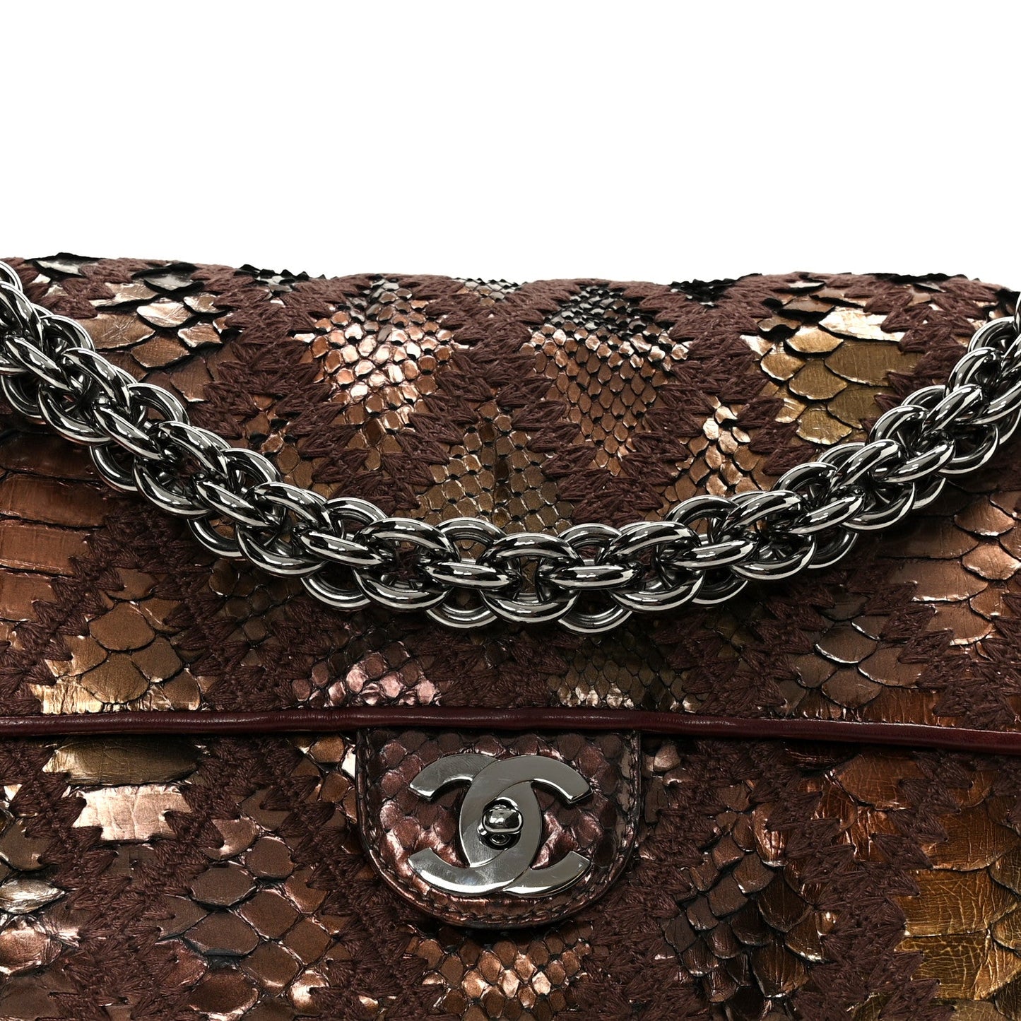 Metallic Snakeskin Crochet Soft and Chain Maxi Flap Burgundy Multicolor