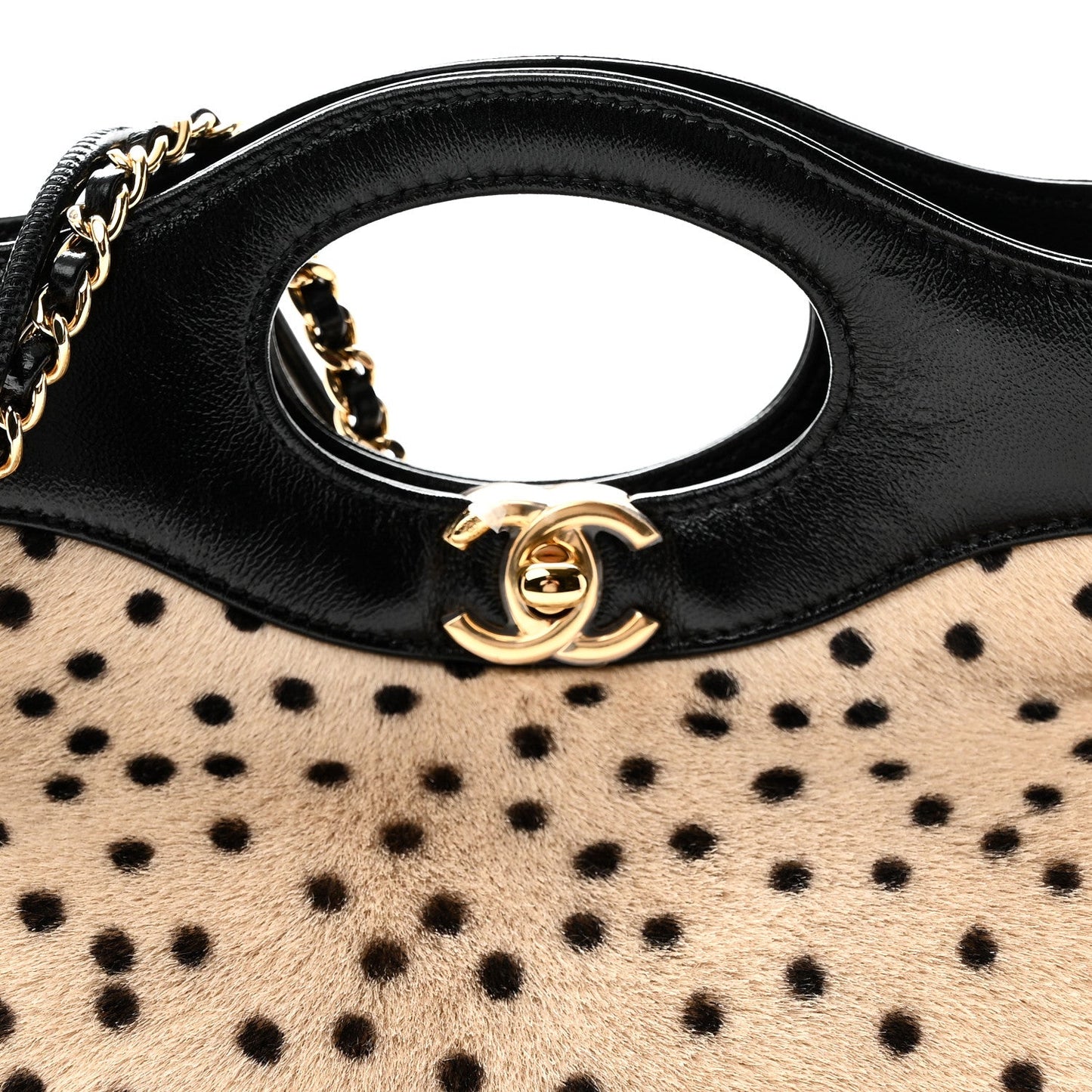 Shiny Lambskin Pony Hair Cheetah Printed Mini 31 Shopping Bag Light Beige Black