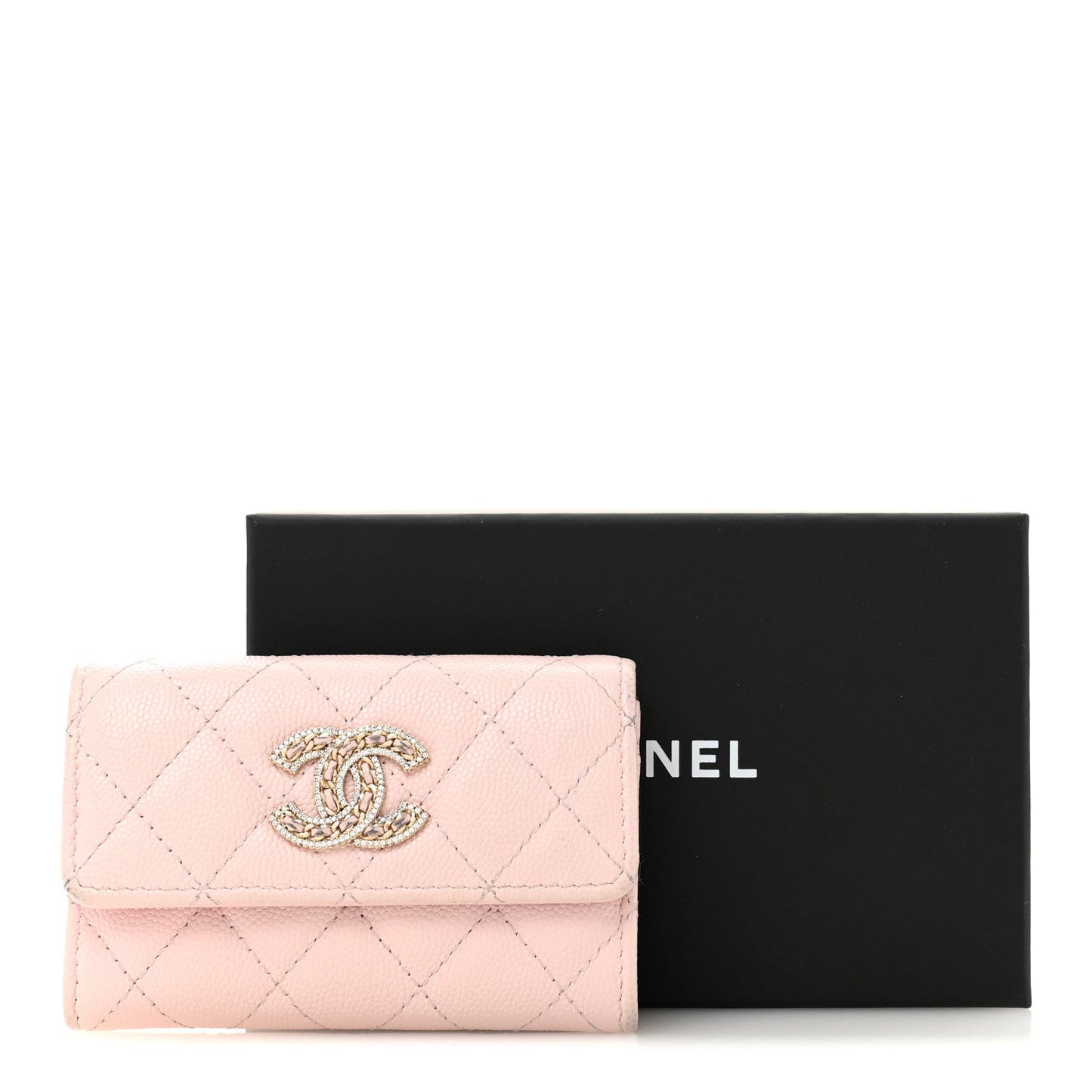 Caviar Quilted Crystal CC Flap Card Holder Pink
