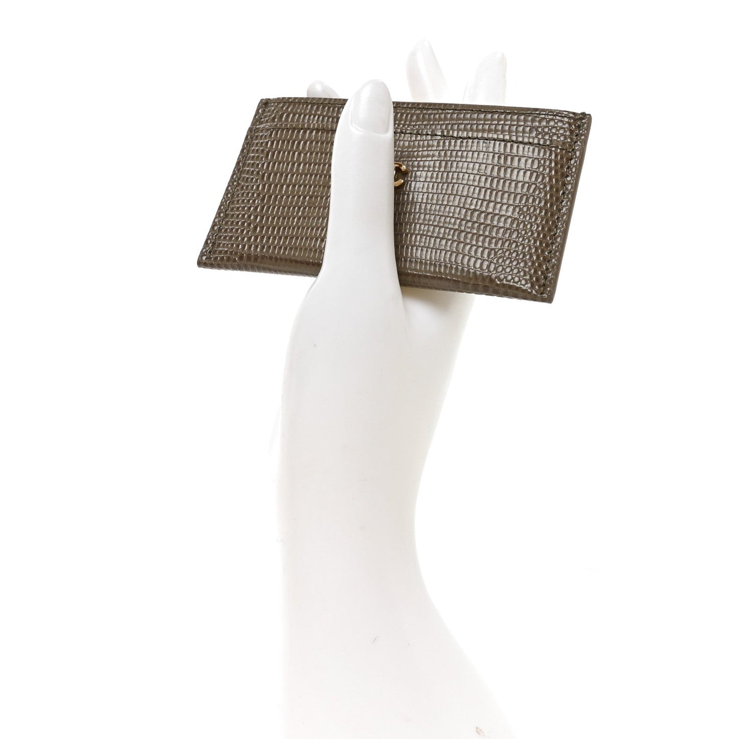 Calfskin Lizard Embossed Crococo Card Holder Dark Khaki
