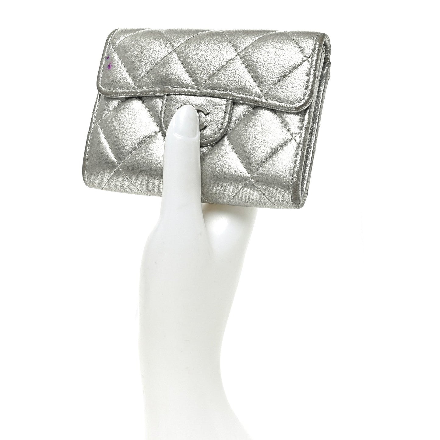 Metallic Lambskin Quilted Flap Card Holder Wallet Silver