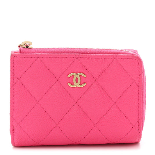 Caviar Quilted CC Zip Compact Trifold Wallet Pink