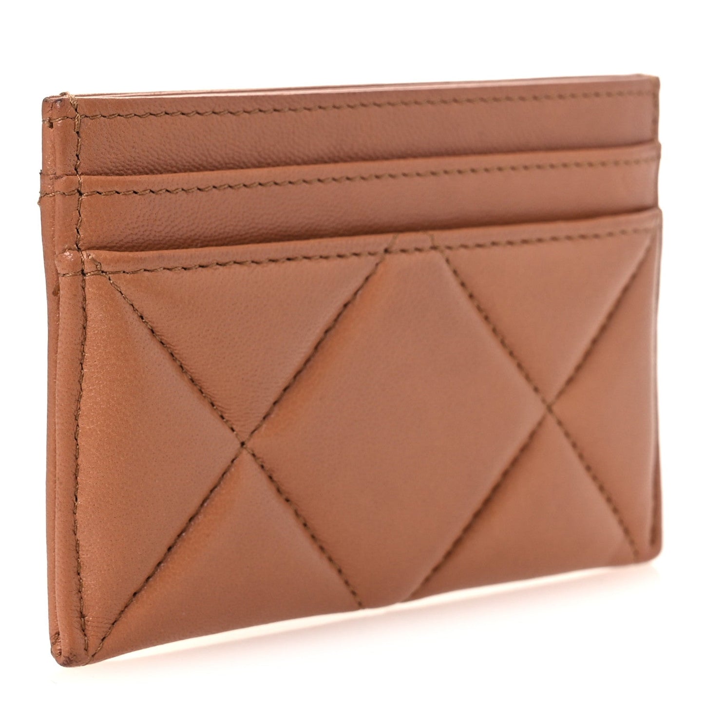 Lambskin Quilted Chanel 19 Card Holder Brown