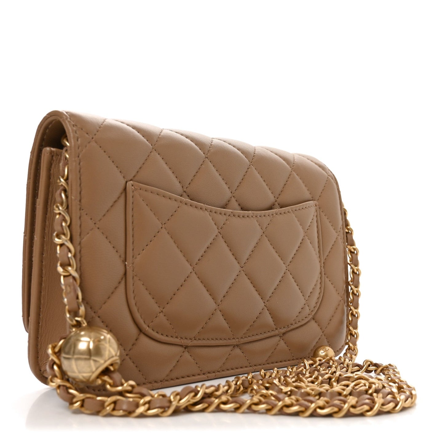 Lambskin Quilted CC Pearl Crush Wallet on Chain WOC Beige