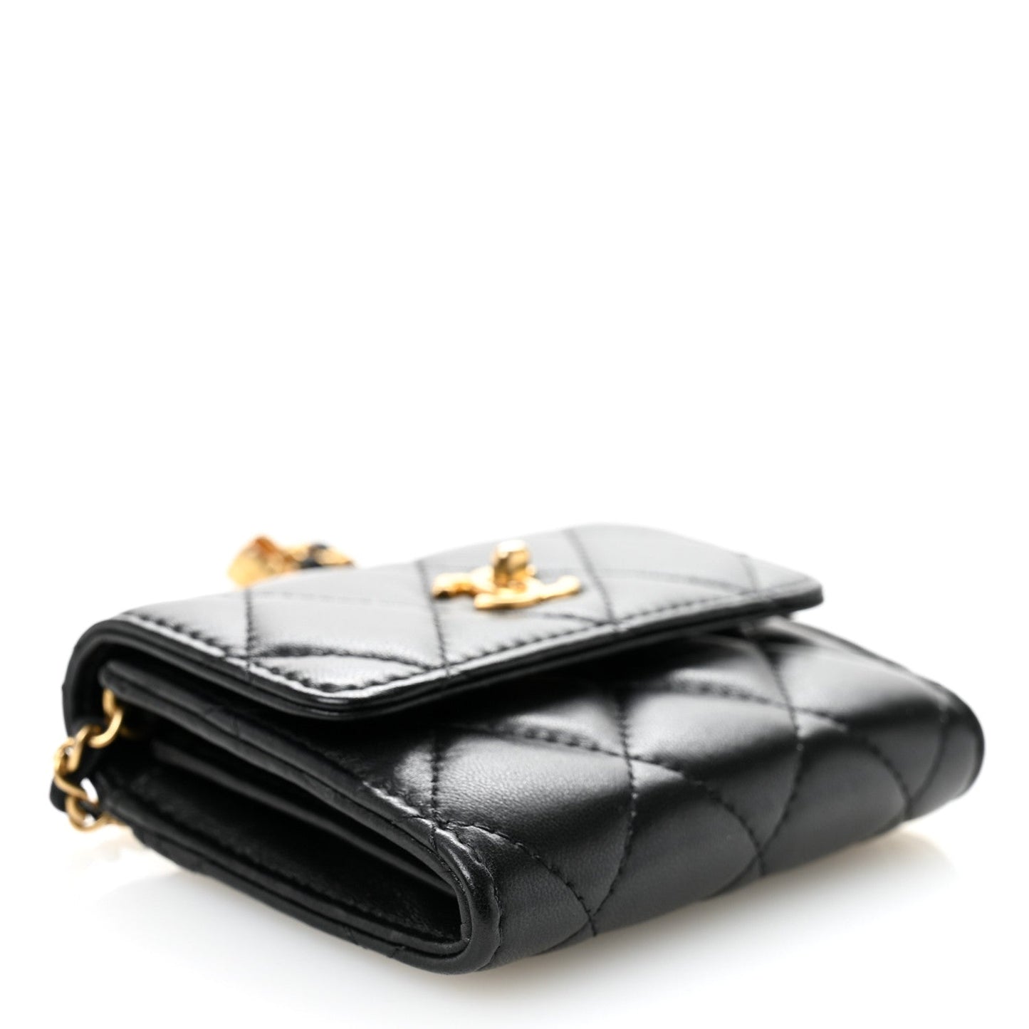 Lambskin Quilted Pearl Crush Card Holder With Chain Black