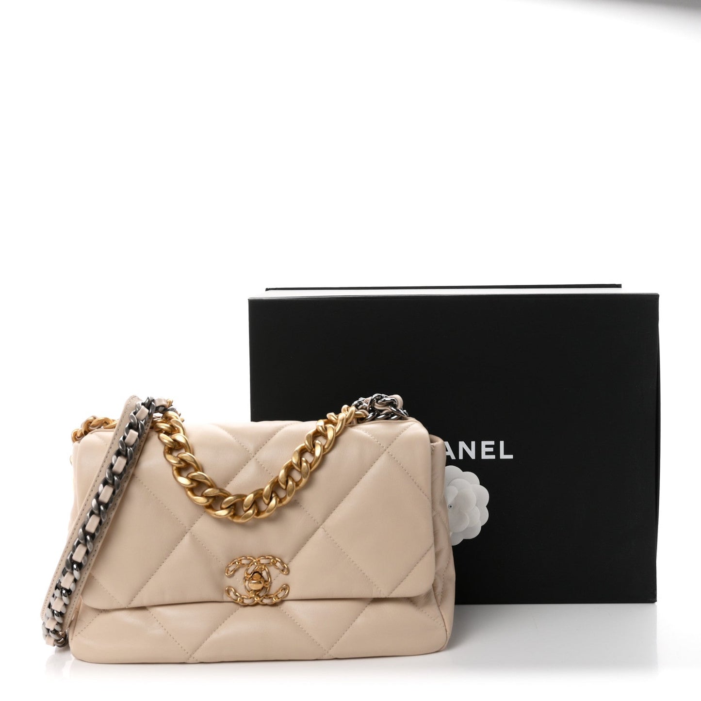 Goatskin Quilted Large Chanel 19 Flap Beige