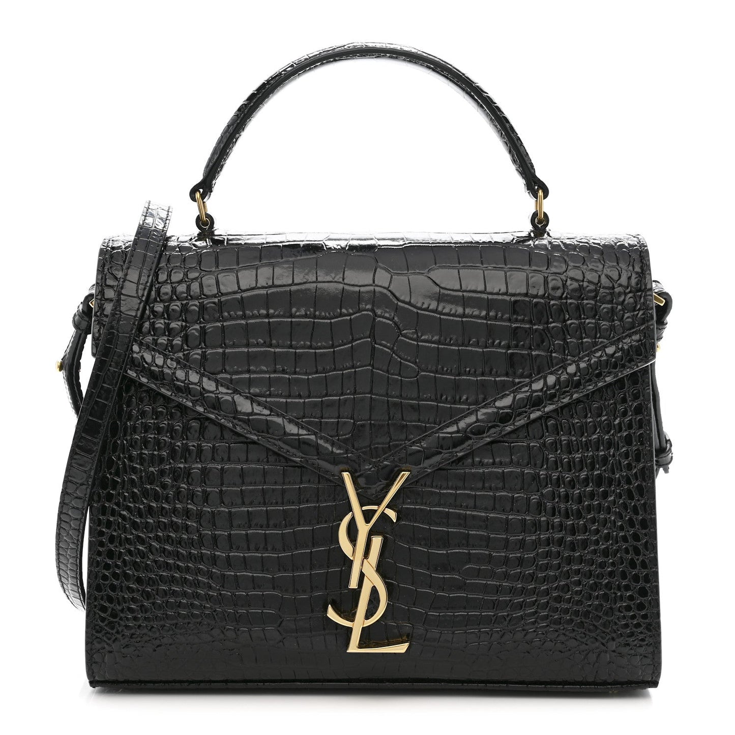 Calfskin Crocodile Embossed Medium Classic Monogram Cassandra Top Handle Black