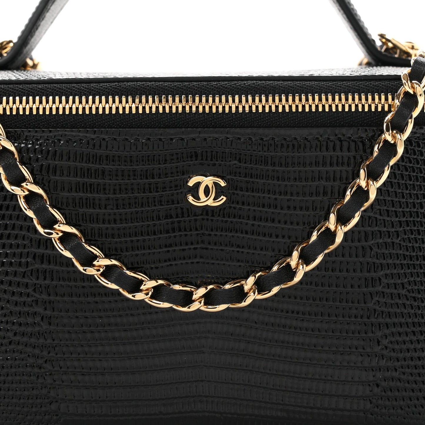 Calfskin Lizard Embossed Top Handle Vanity With Chain Black
