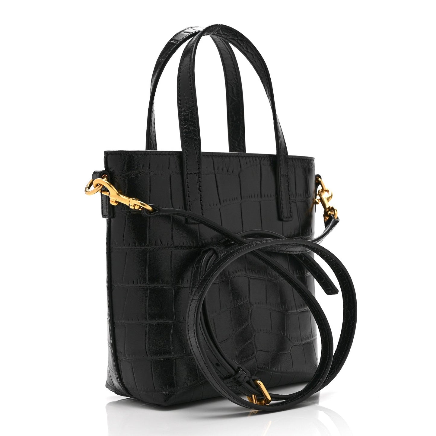 Calfskin Crocodile Embossed Paris Mini Toy Shopper Tote Black