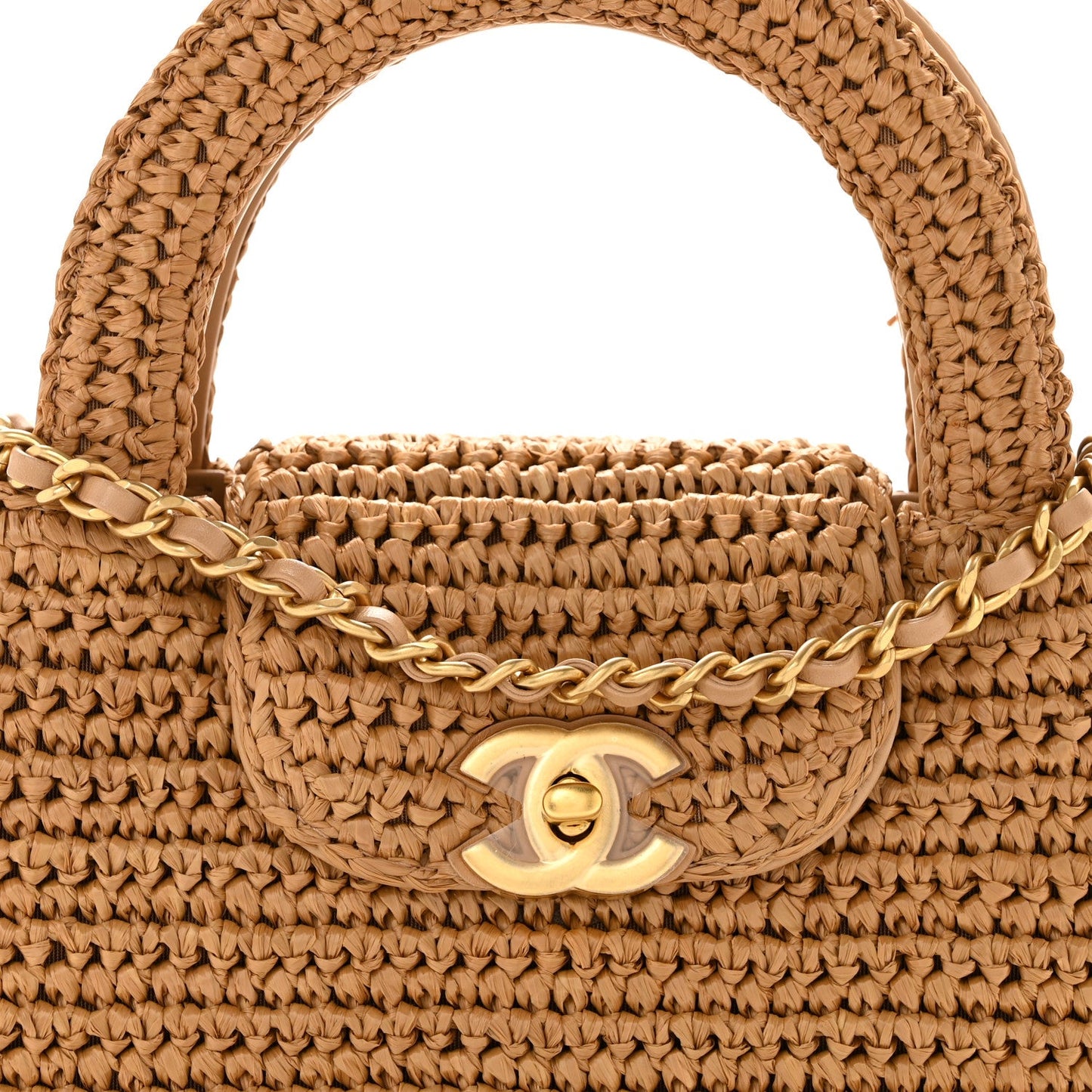 Braided Raffia Nano Kelly Flap Bag Dark Beige