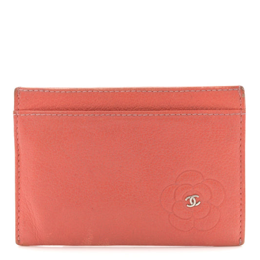 Goatskin Embossed Camellia Card Holder Coral