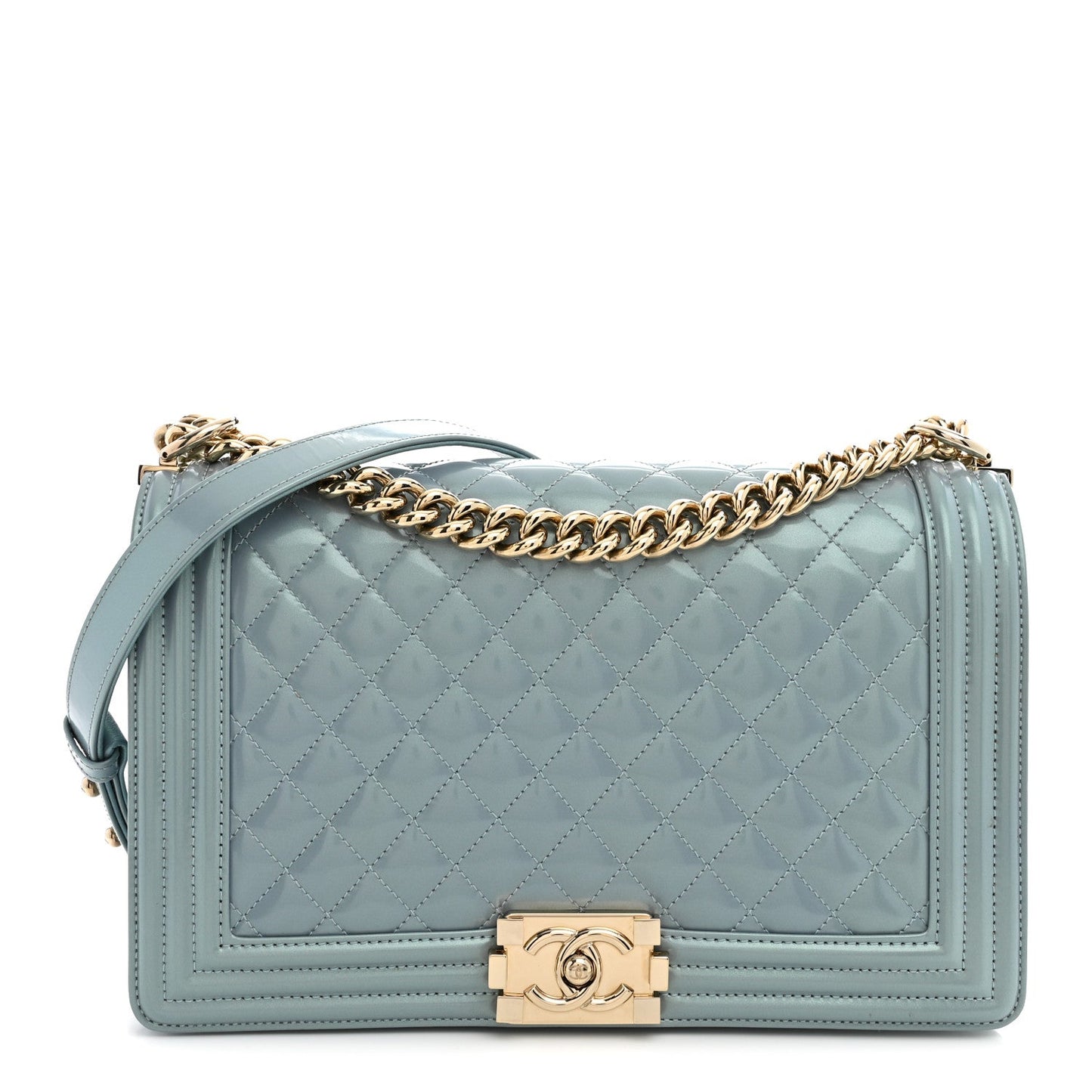 Iridescent Glazed Calfskin Quilted New Medium Boy Flap Light Blue