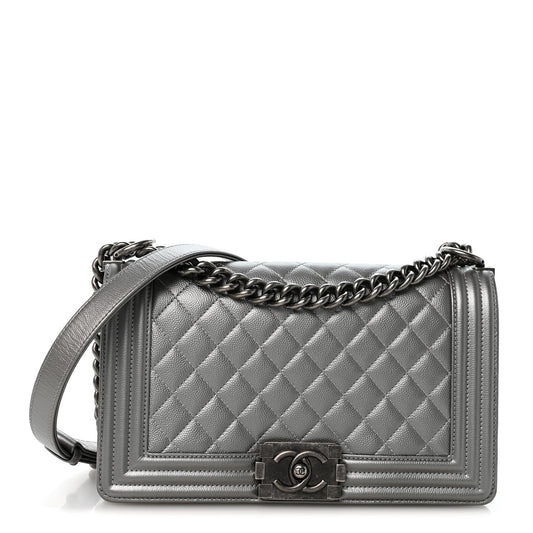 Metallic Caviar Quilted Medium Boy Flap Silver