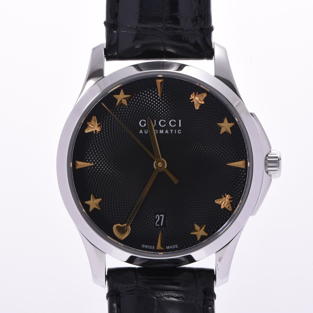 Gucci G Timeless Automatic Black Dial Black Leather Strap Watch For Women - YA126469