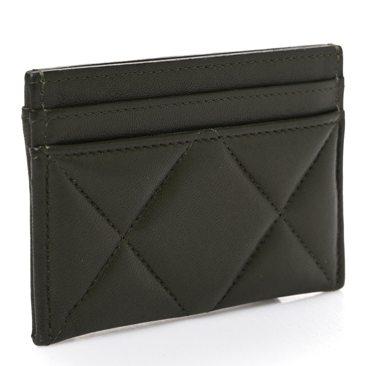 Lambskin Quilted Chanel 19 Card Holder Khaki