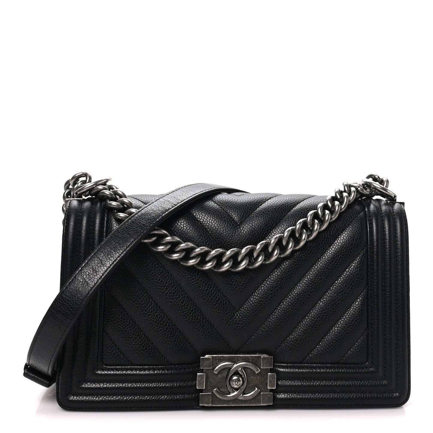 Caviar Chevron Quilted Medium Boy Flap Black