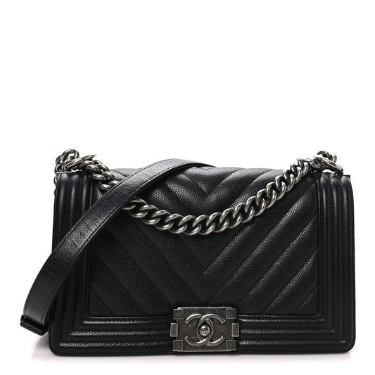 Caviar Chevron Quilted Medium Boy Flap Black