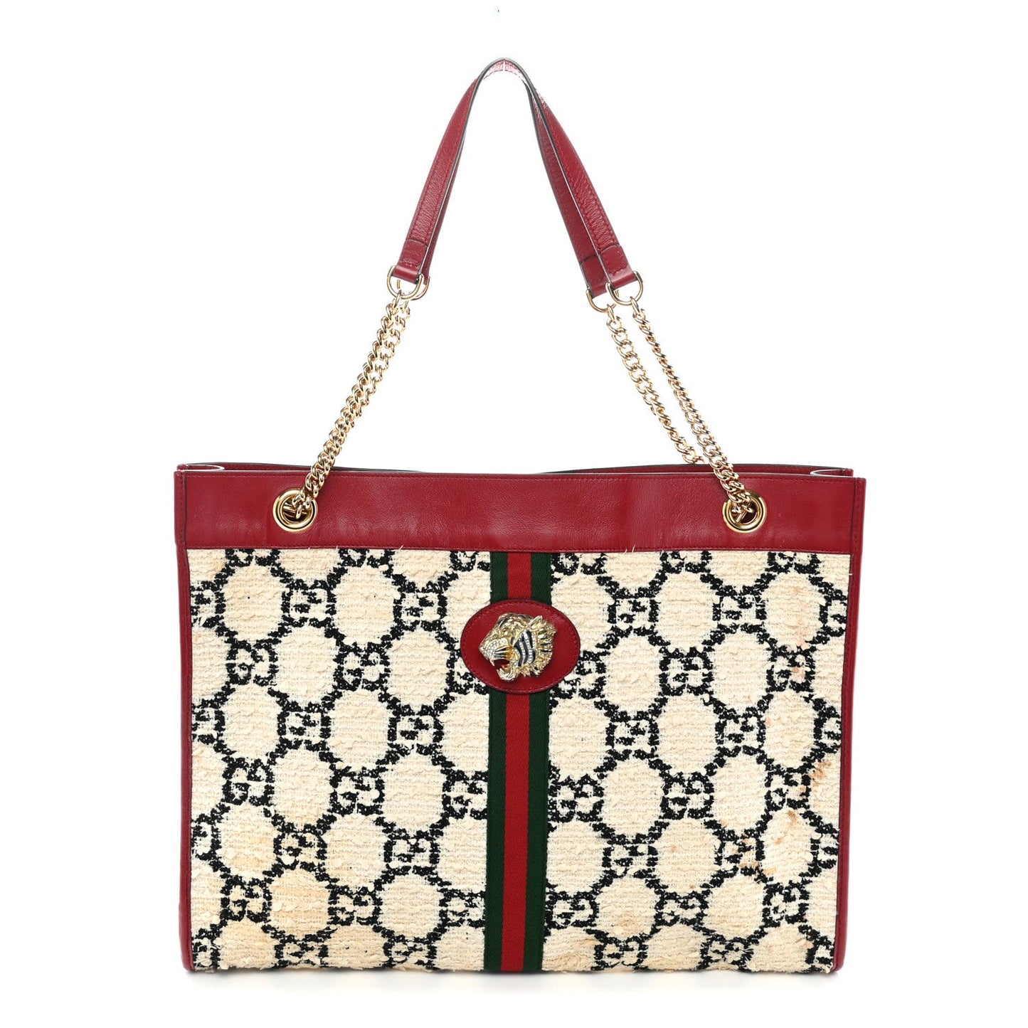 Tweed GG Monogram Large Rajah Chain Tote White Black Romantic Cherry
