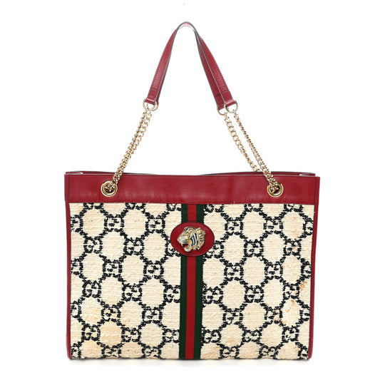Tweed GG Monogram Large Rajah Chain Tote White Black Romantic Cherry