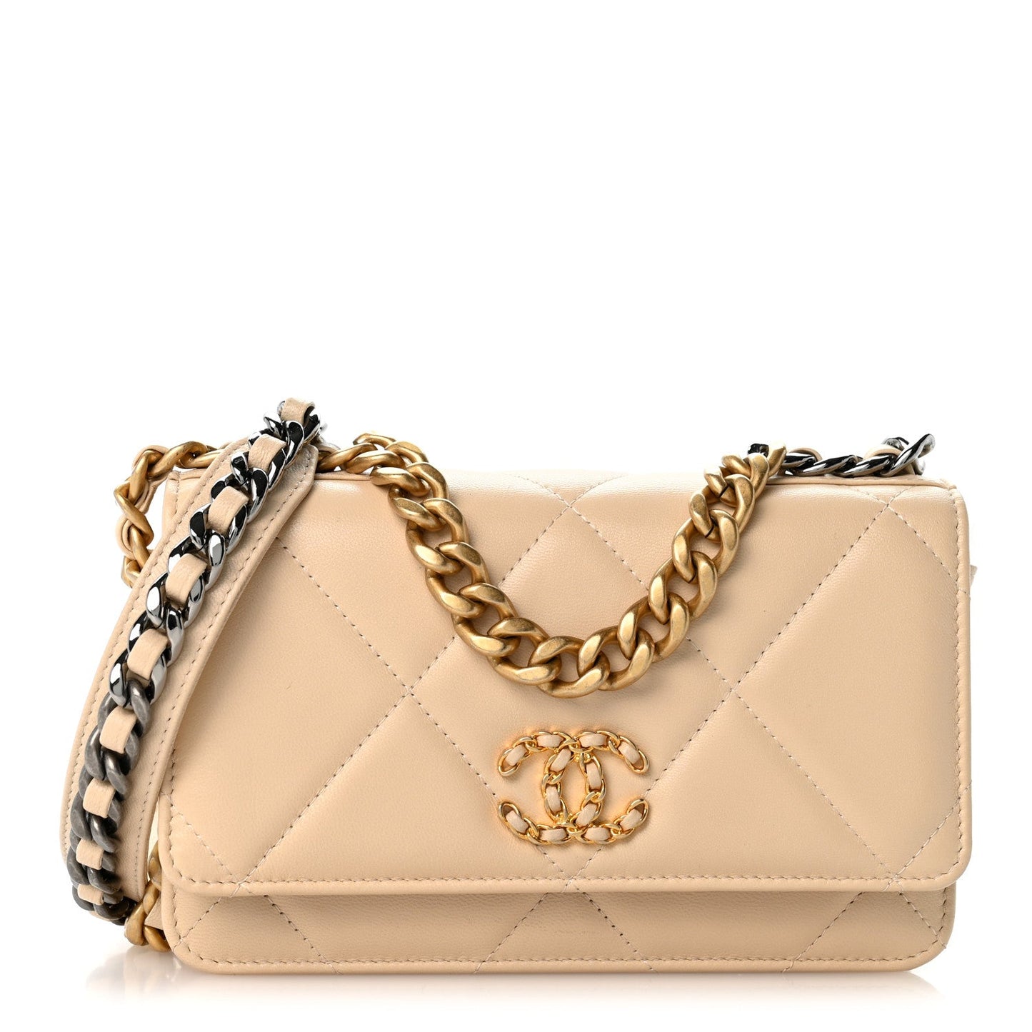 Lambskin Quilted Chanel 19 Wallet On Chain WOC Beige