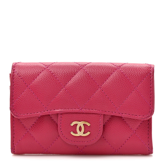 Caviar Quilted Flap Card Holder Wallet Pink