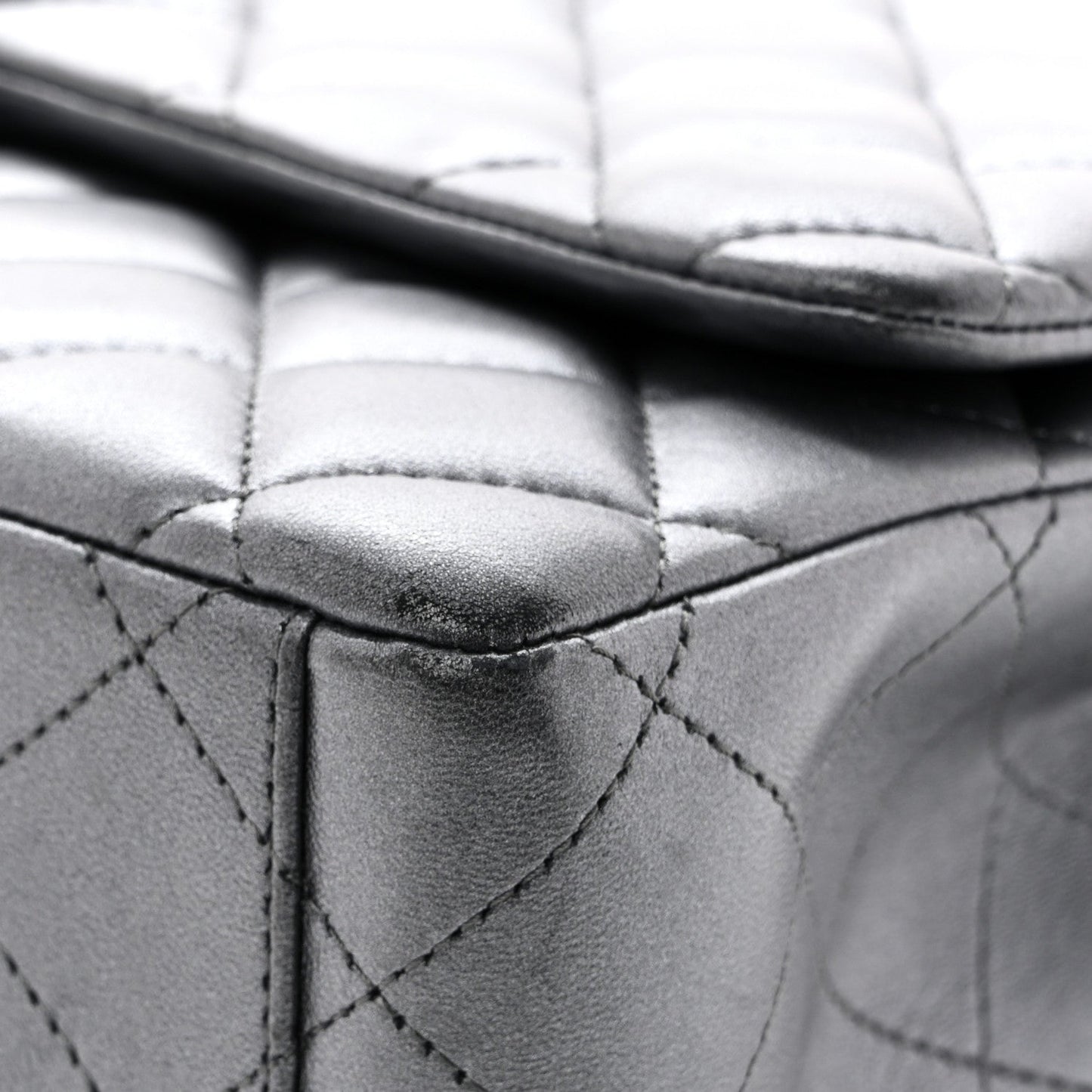 Metallic Lambskin Quilted Maxi Double Flap Pewter