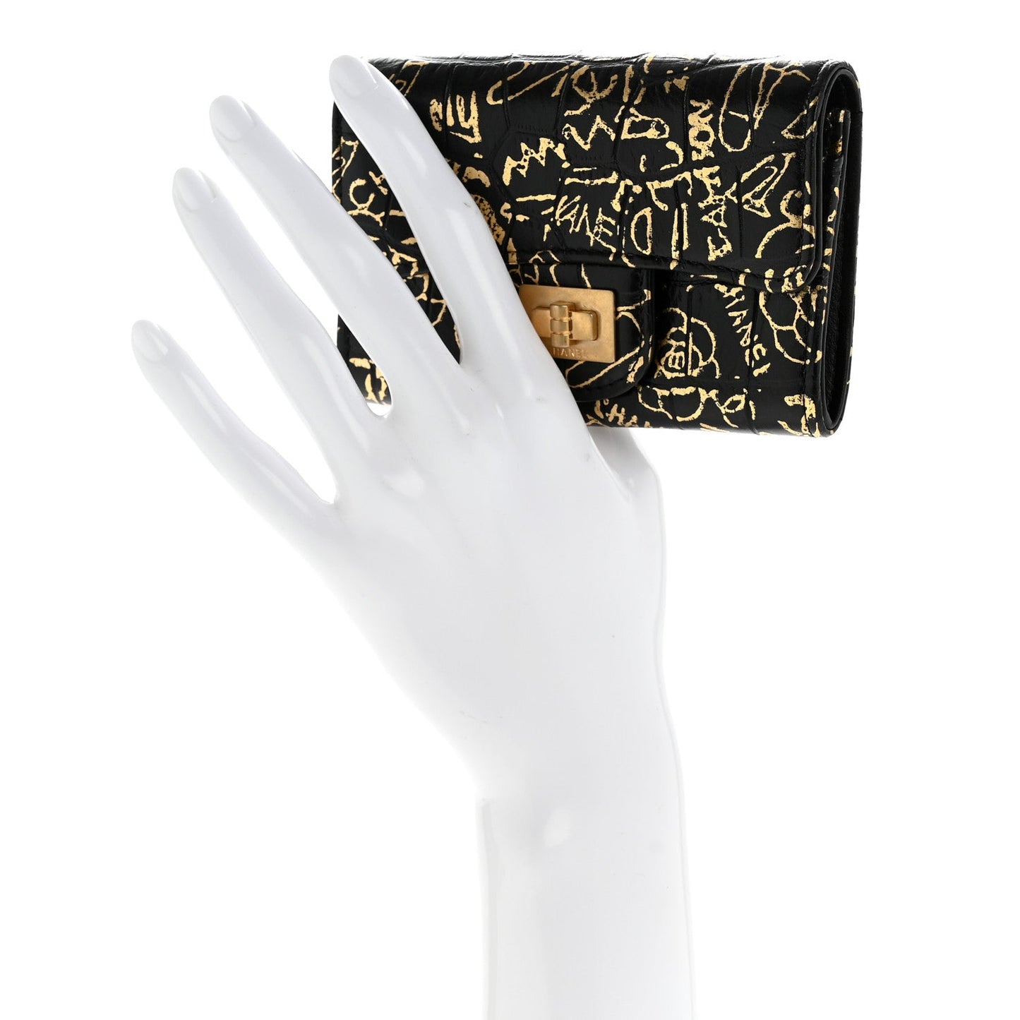 Calfskin Crocodile Embossed Graffiti 2.55 Crocodile Reissue Flap Card Holder Black Gold